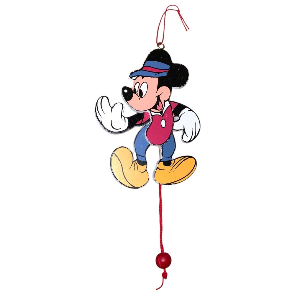 Vintage Walt Disney Mickey Mouse Wooden Pull String Puppet Christmas Ornament